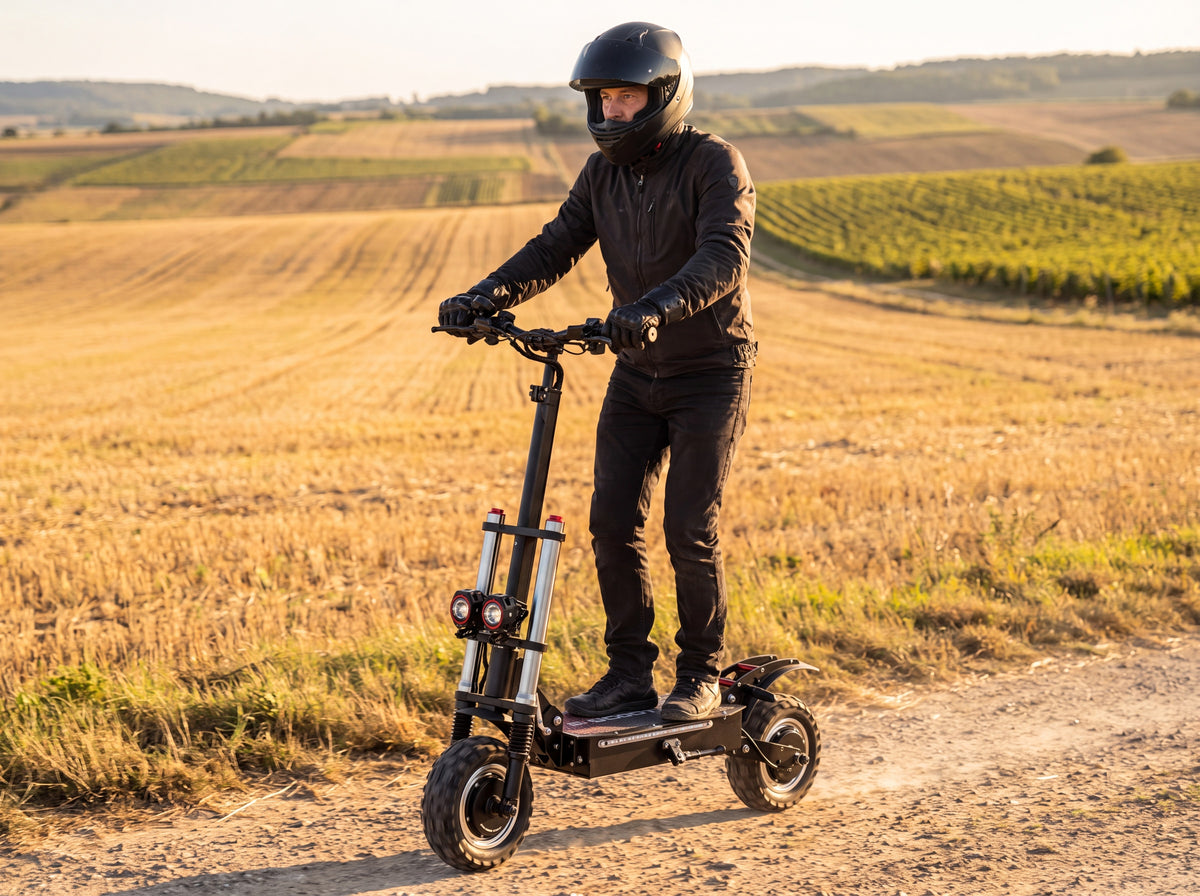 Rider casqué conduisant la trottinette électrique J30MAX sur un chemin de terre en terrain privé
