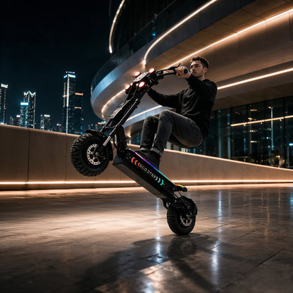 Trottinette électrique tout-terrain en conduite de nuit — visuel fabricant