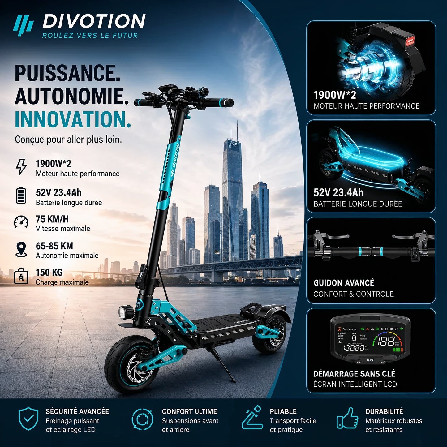 Trottinette électrique DT10-Pro - Double moteur 2700W pliable