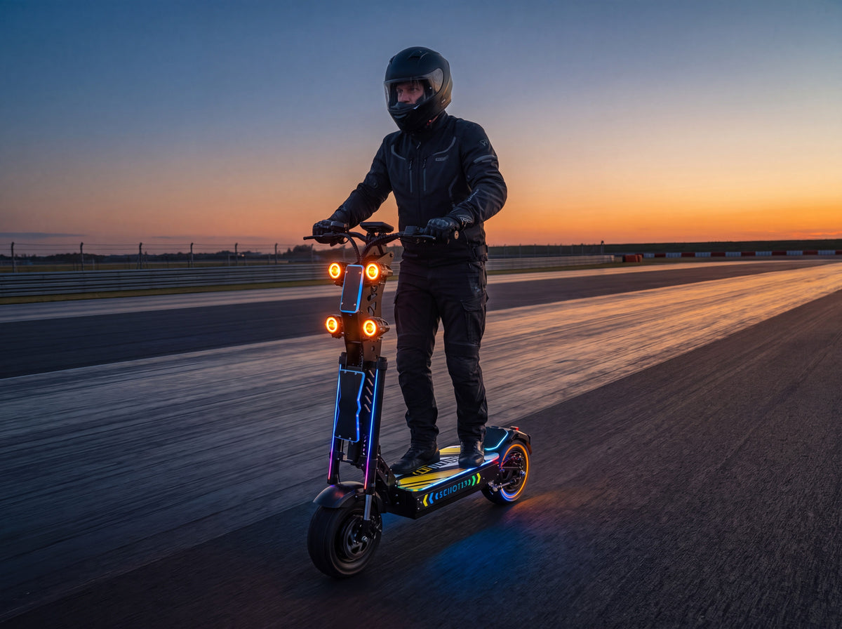 Rider casqué conduisant la trottinette électrique 72V 50Ah sur un circuit privé