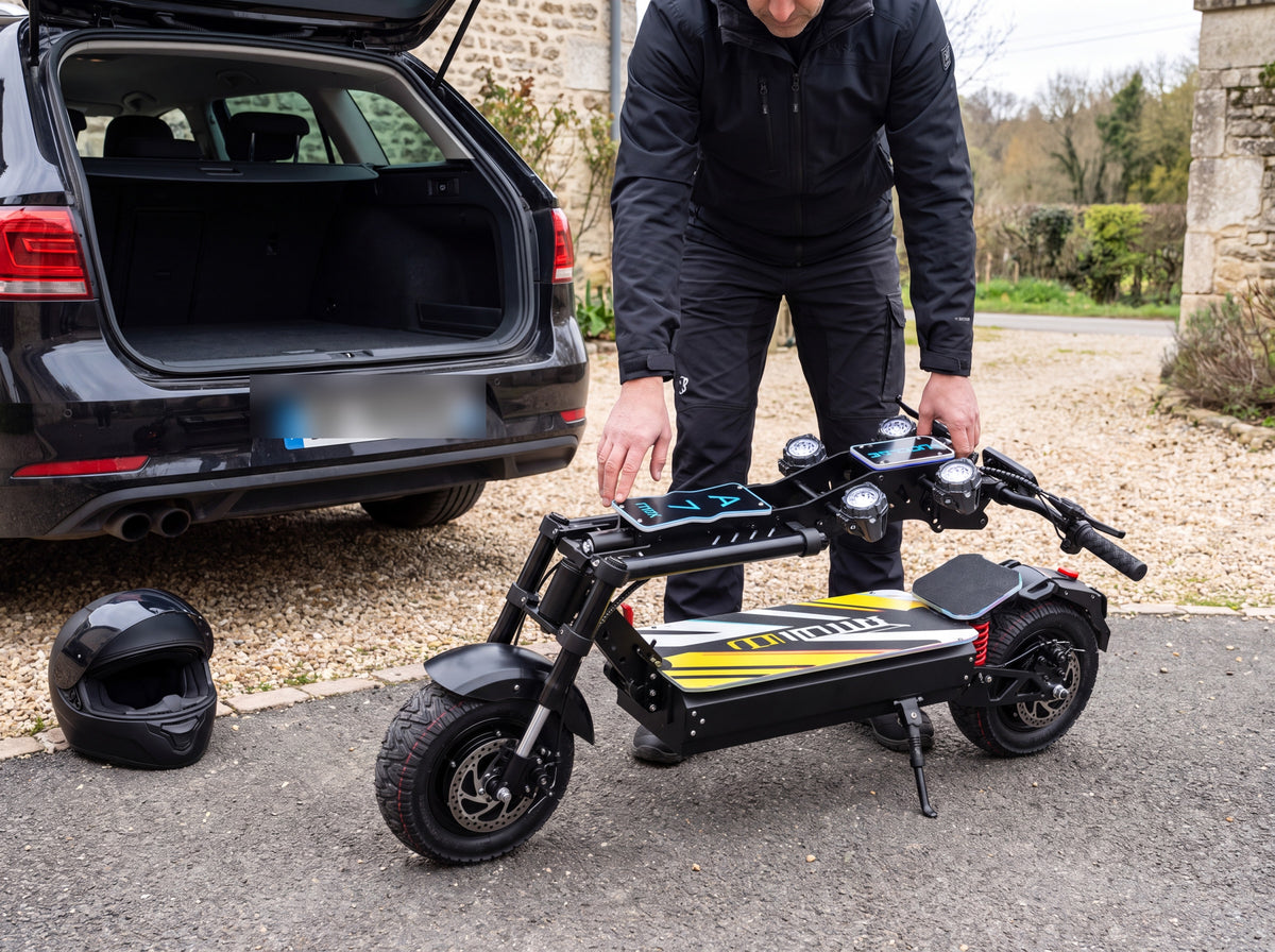 Adulte pliant la trottinette électrique 72V 50Ah près du coffre d'un break