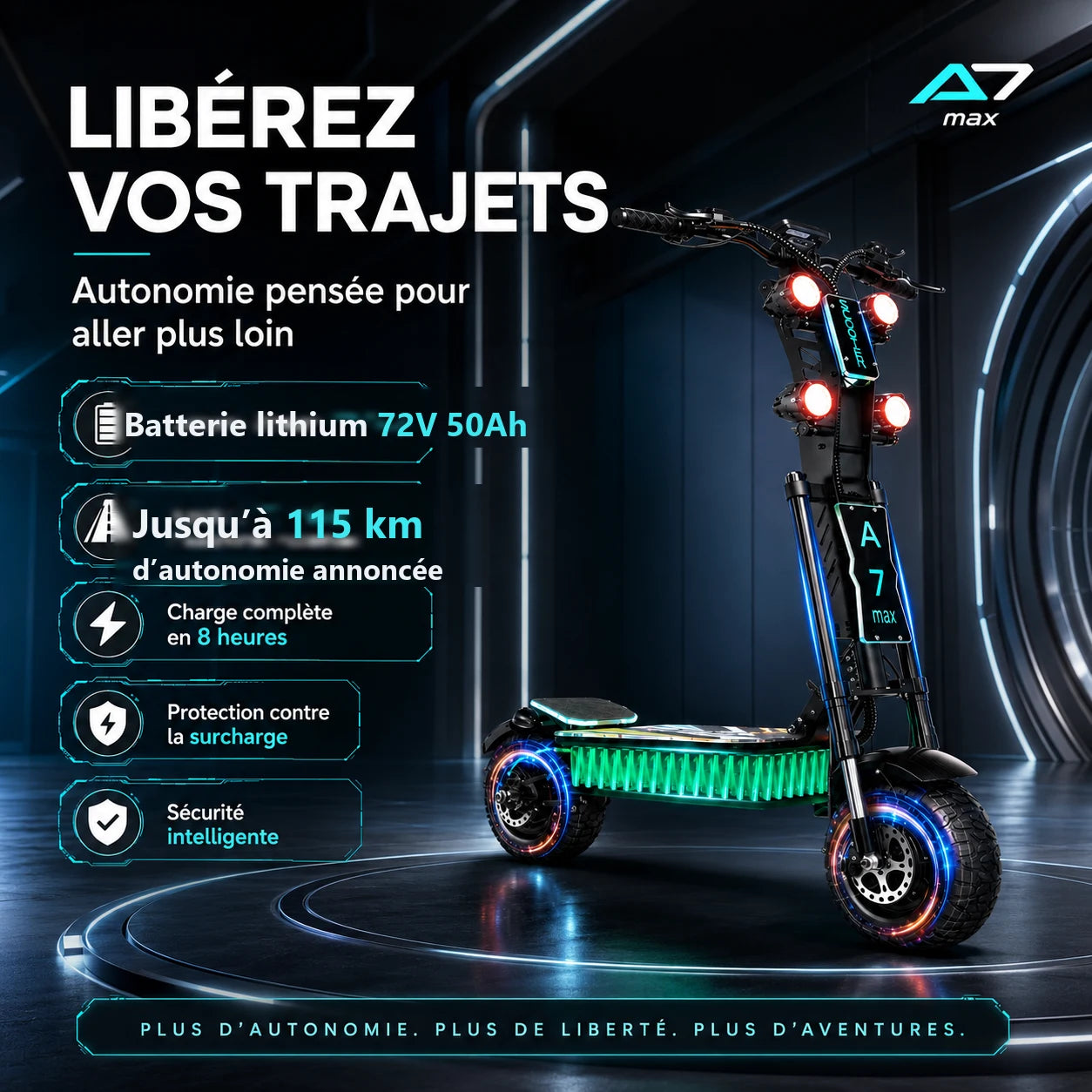 Batterie lithium 72V 50Ah — autonomie annoncée jusqu'à 115 km, visuel fabricant