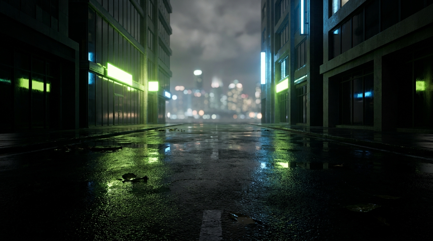 Rue urbaine de nuit, asphalte mouillé aux reflets vert volt