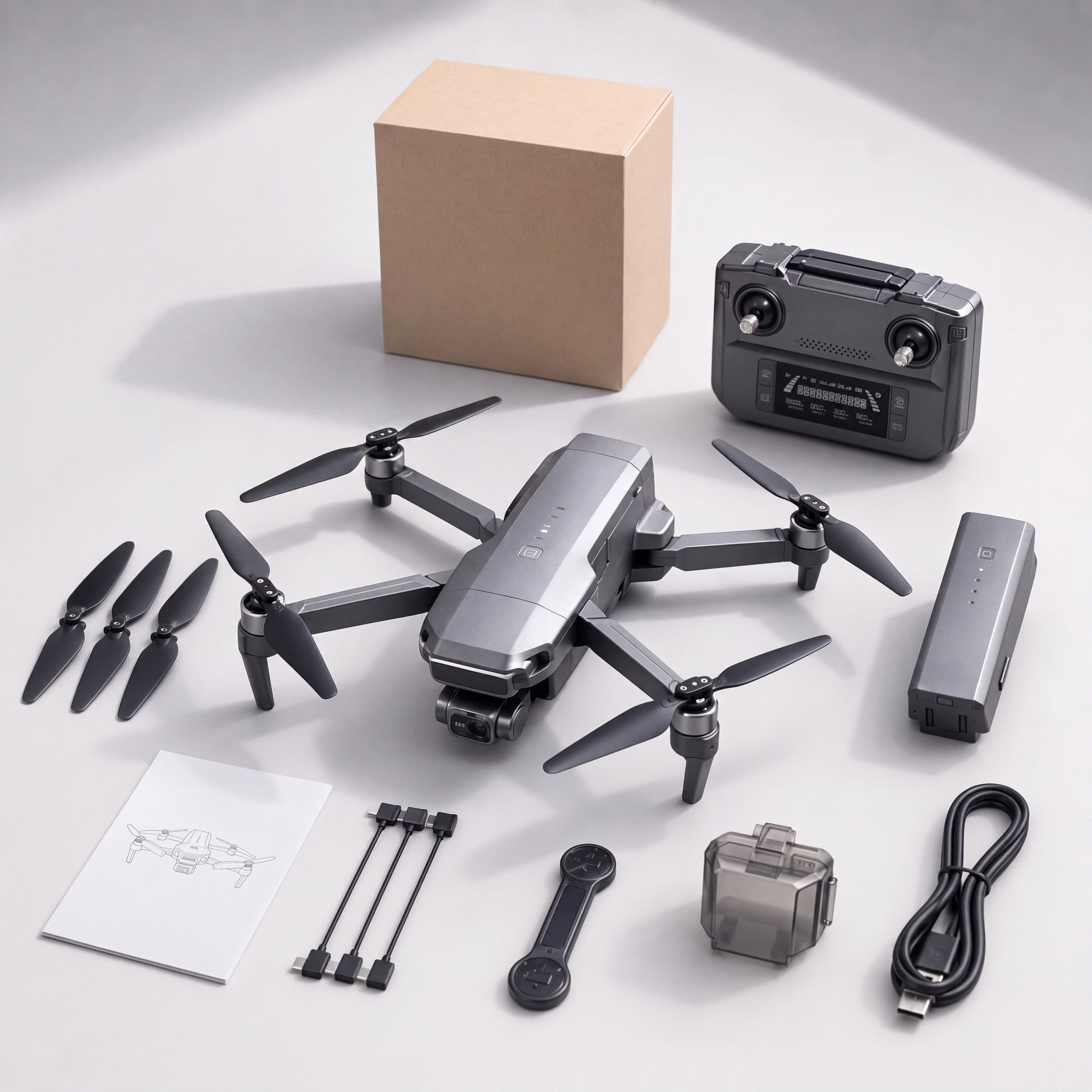 Accessoires inclus avec le drone F22 S3 PRO : télécommande, batteries, hélices de rechange et câbles