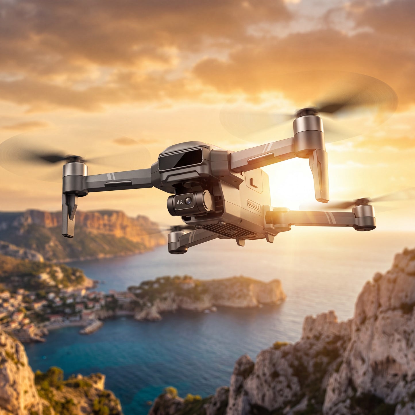 Drone F22 S3 PRO en vol au coucher du soleil au-dessus d'une côte méditerranéenne, caméra 4K stabilisée