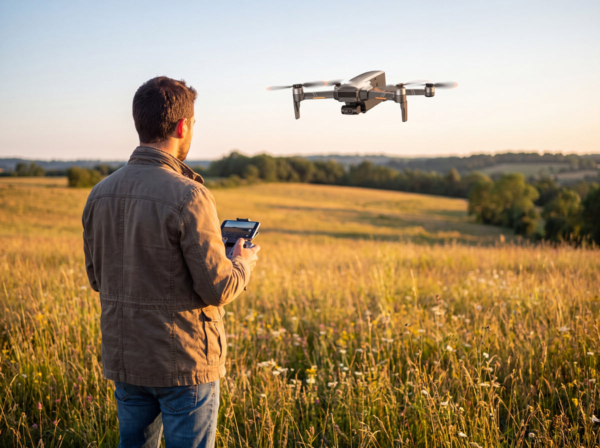 Drone F22 en vol au-dessus d'une prairie au coucher du soleil, piloté à la télécommande