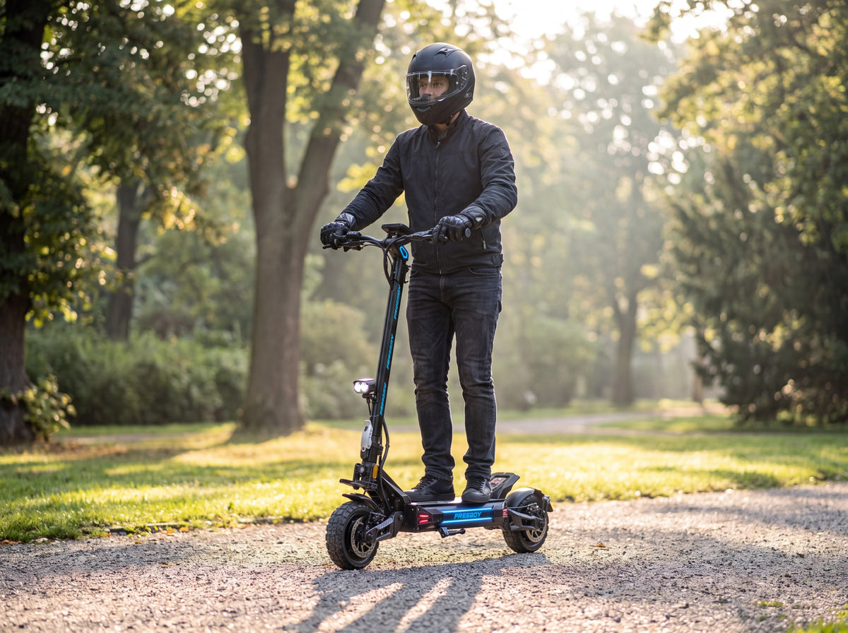 Rider casqué conduisant la trottinette électrique H16 sur une allée de parc