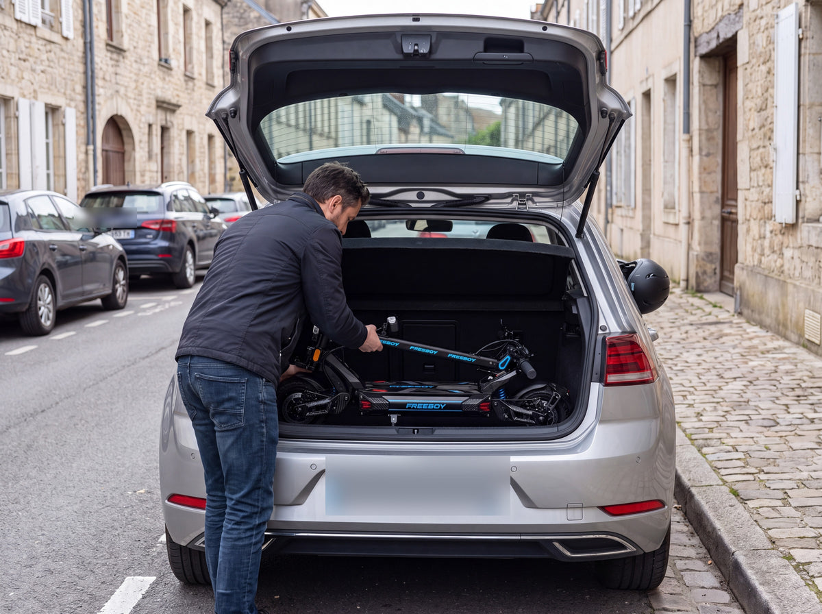 Adulte rangeant la trottinette électrique H16 pliée dans le coffre d'une voiture