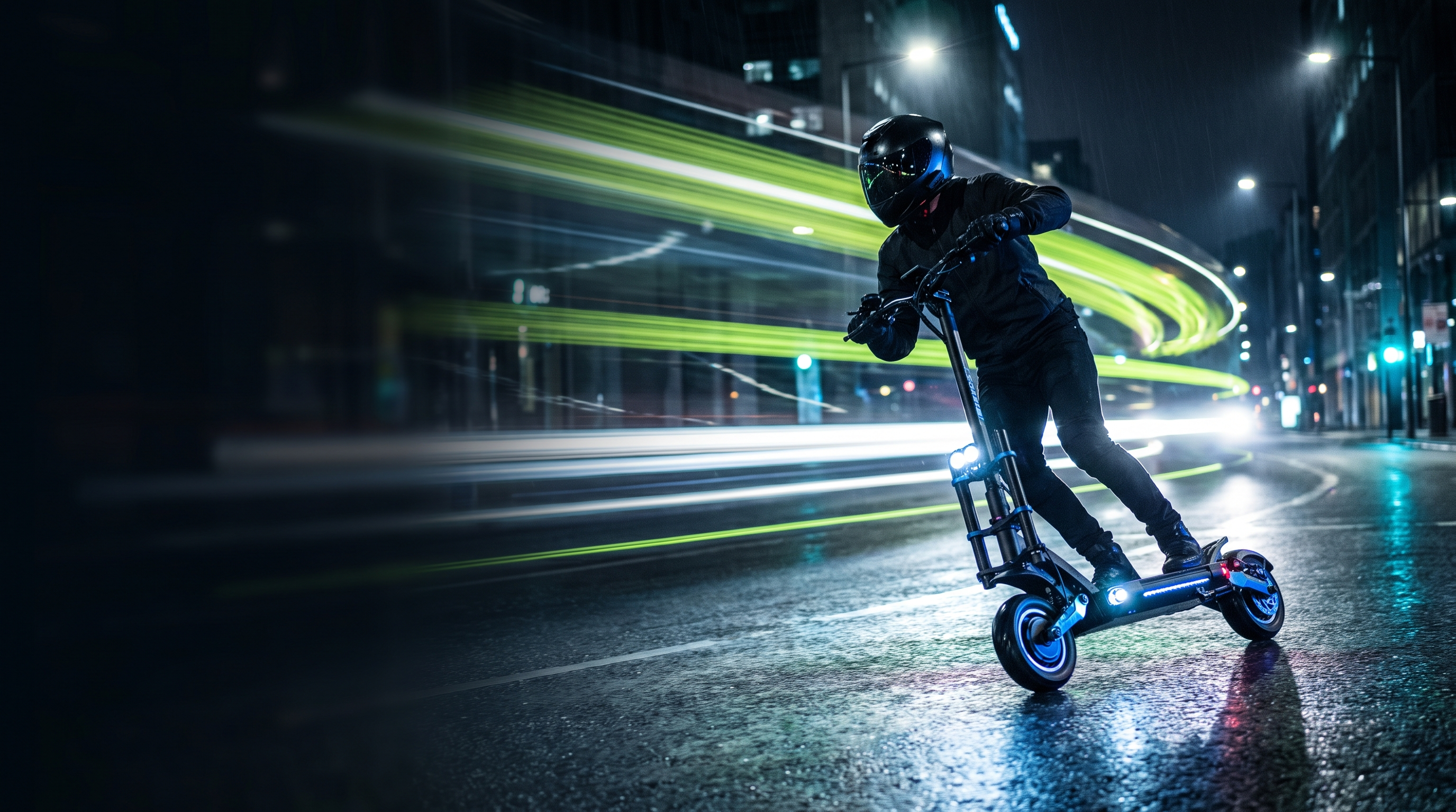 Rider casque sur trottinette electrique StreetRide de nuit en ville - visuel de marque