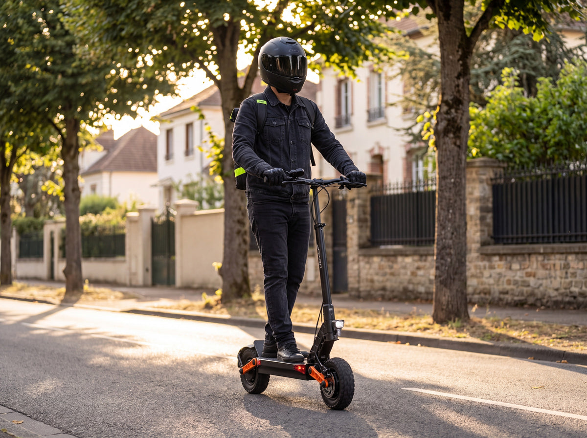 Rider casqué conduisant la trottinette électrique Joyor S10 sur une piste cyclable bordée d'arbres