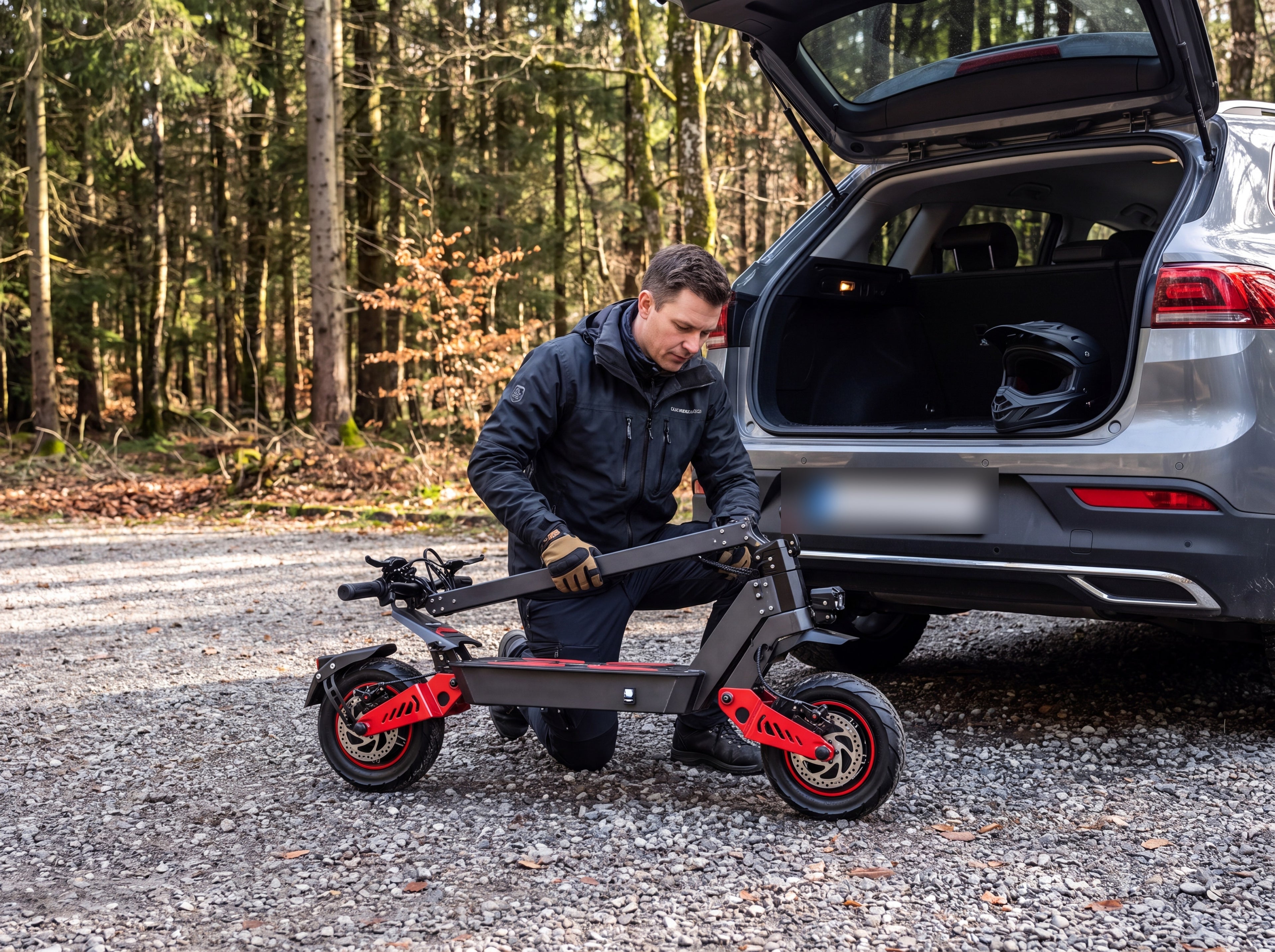 Adulte pliant la trottinette electrique tout-terrain 6000W pres d'un SUV