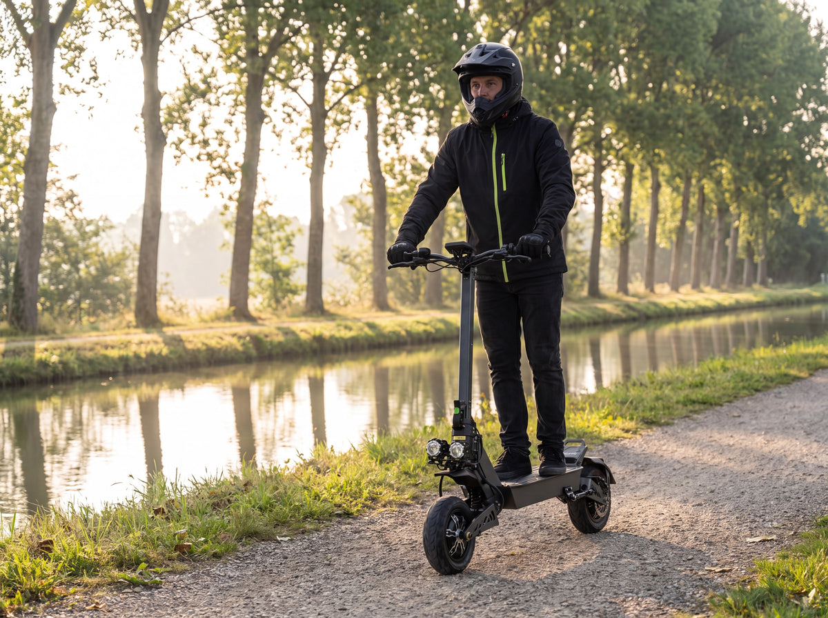 Rider casqué conduisant la trottinette électrique StreetRide VS9 sur une piste cyclable le long d'un canal